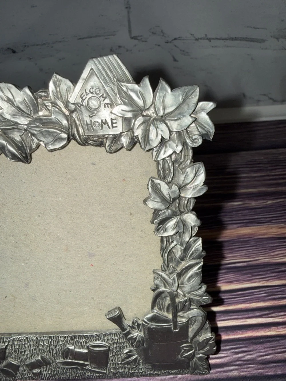Perfect Art Nouveau Pewter Garden Theme Silver Photo Frame. Watering Can Flowers
